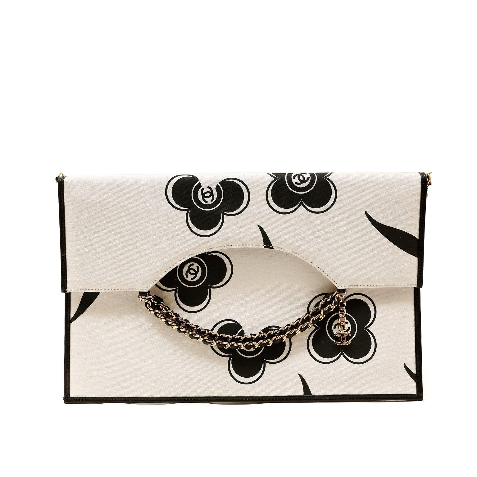 Chanel Ivory and Black Camellia Envelope Clutch with Strap – Only