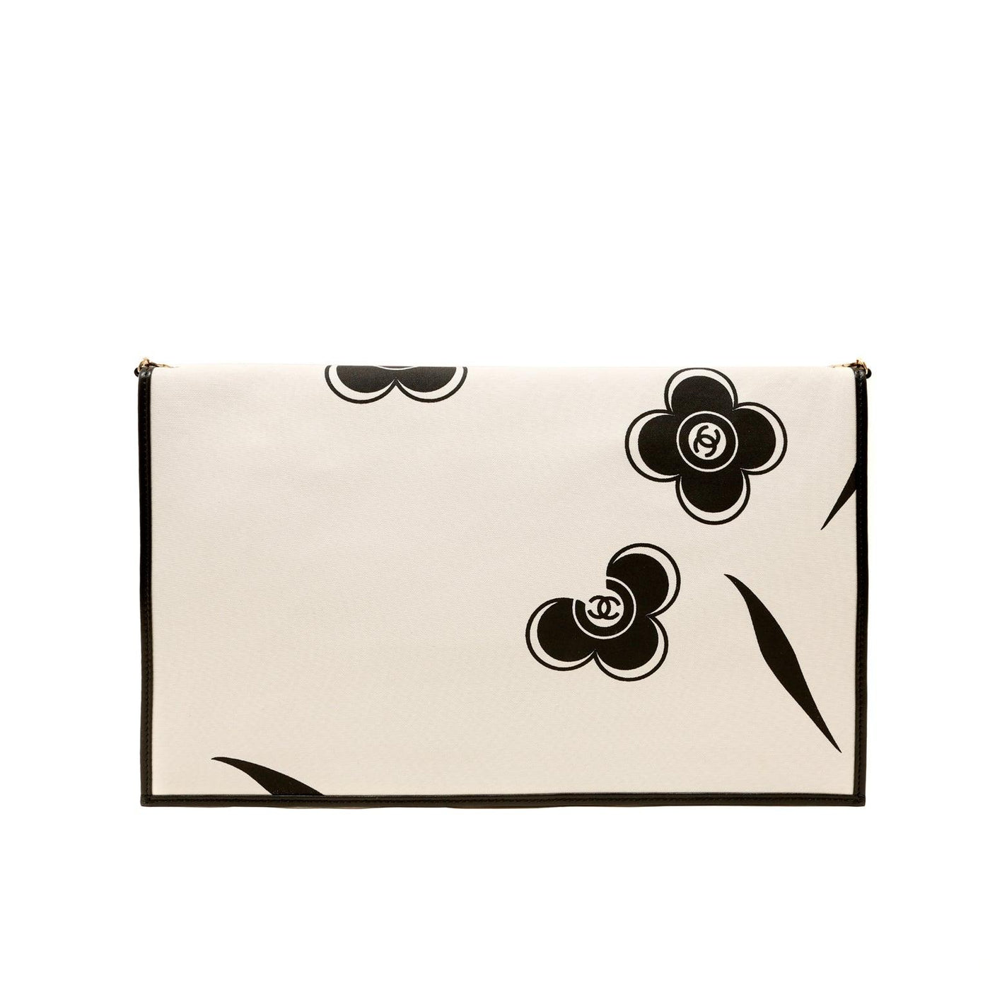 Chanel Ivory and Black Camellia Envelope Clutch with Strap - Only Authentics