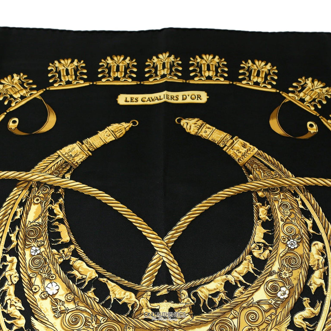 Hermès Black & Gold Les Cavaliers D'Or Scarf 90cm Silk Scarf