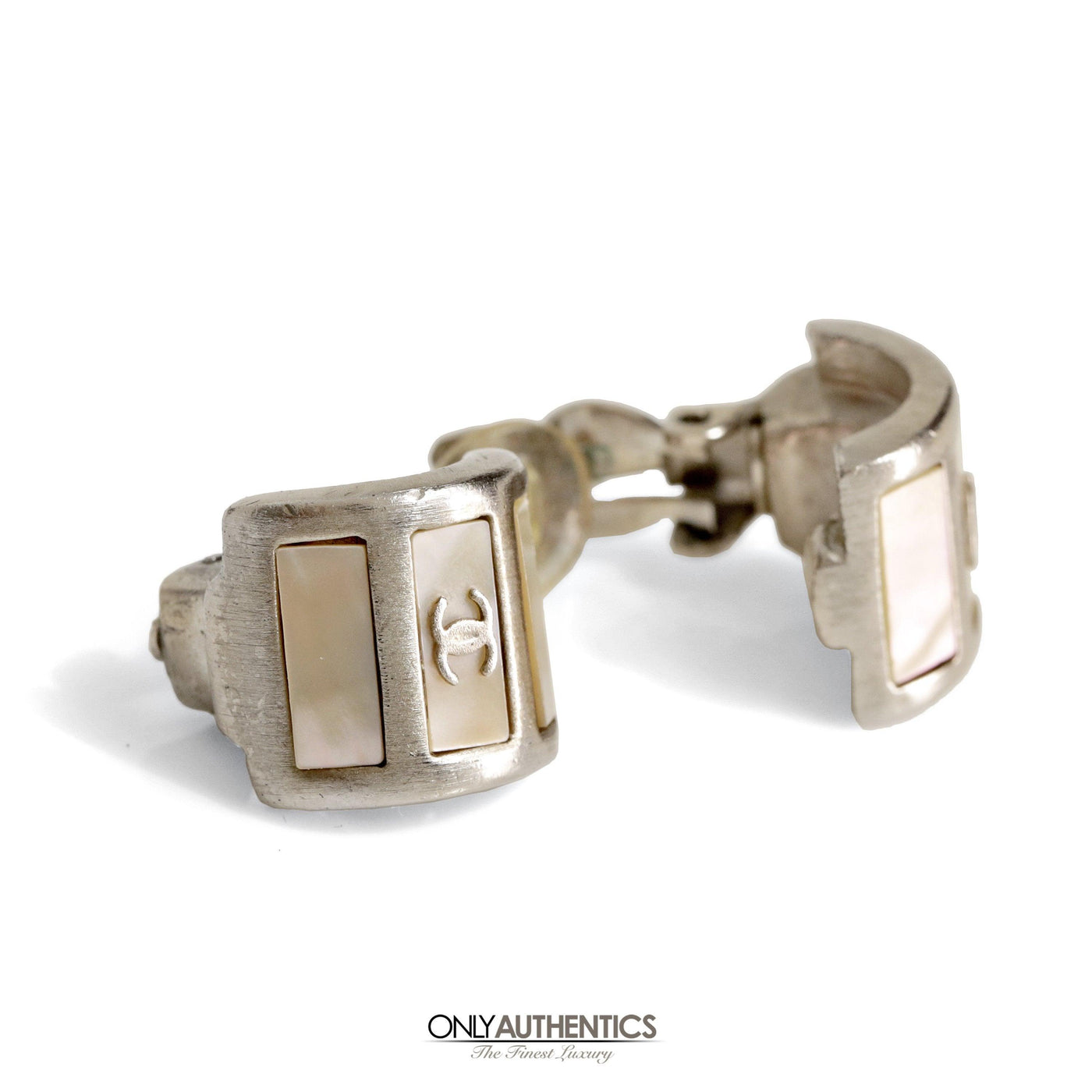 Chanel Silver and Mother of Pearl Huggie Earrings - Only Authentics