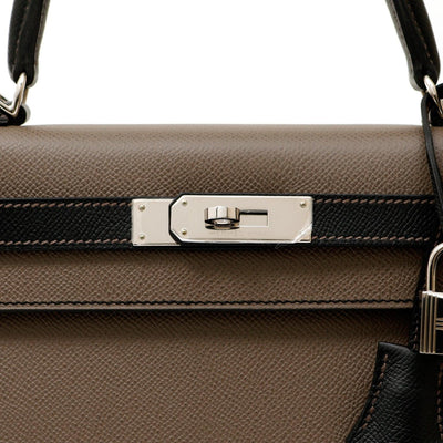 Hermès Sellier Special Order Etoupe and Black Epsom Horseshoe 28cm Kelly with Palladium Hardware - Only Authentics