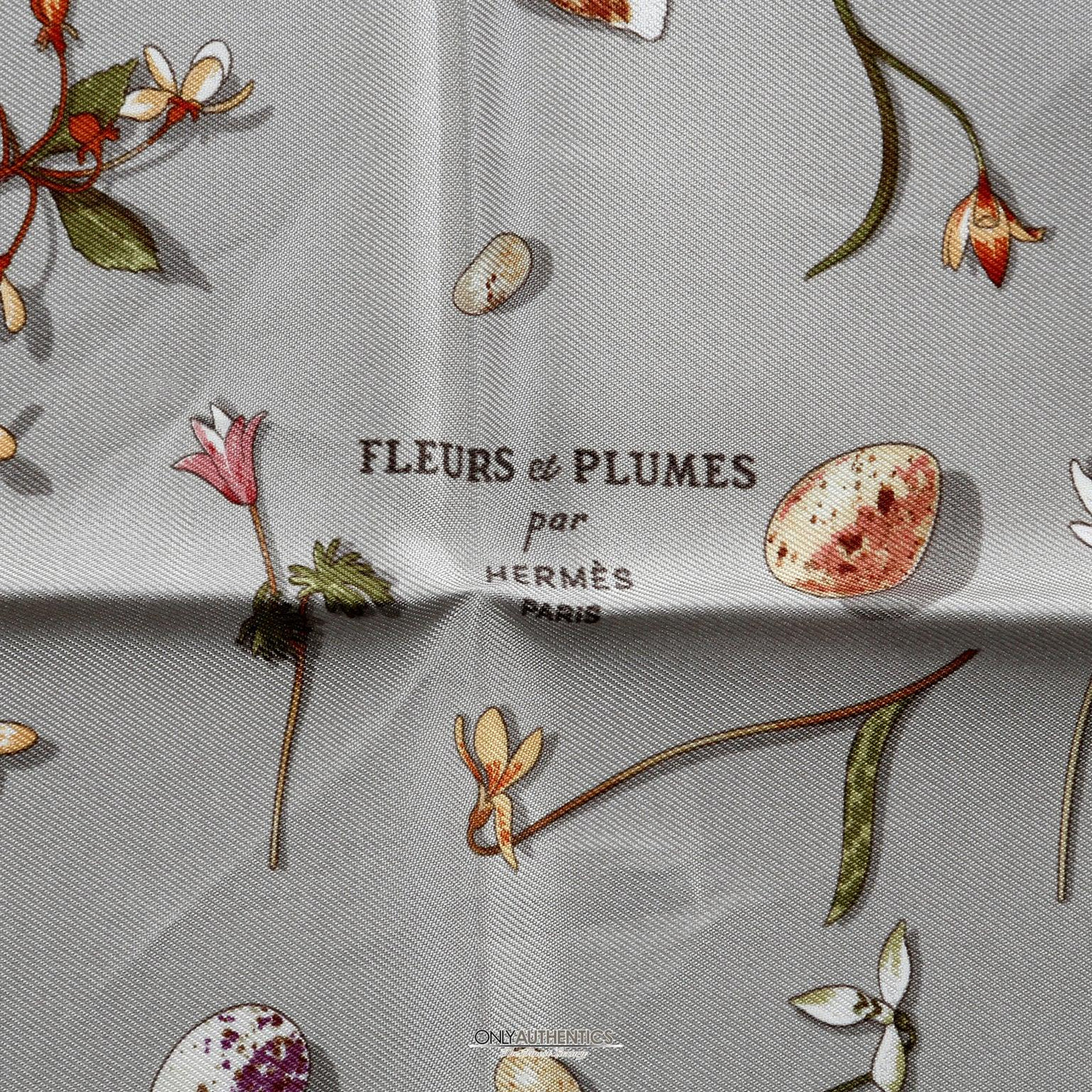 Hermès Grey Silk Fleurs et Plumes Scarf - Only Authentics