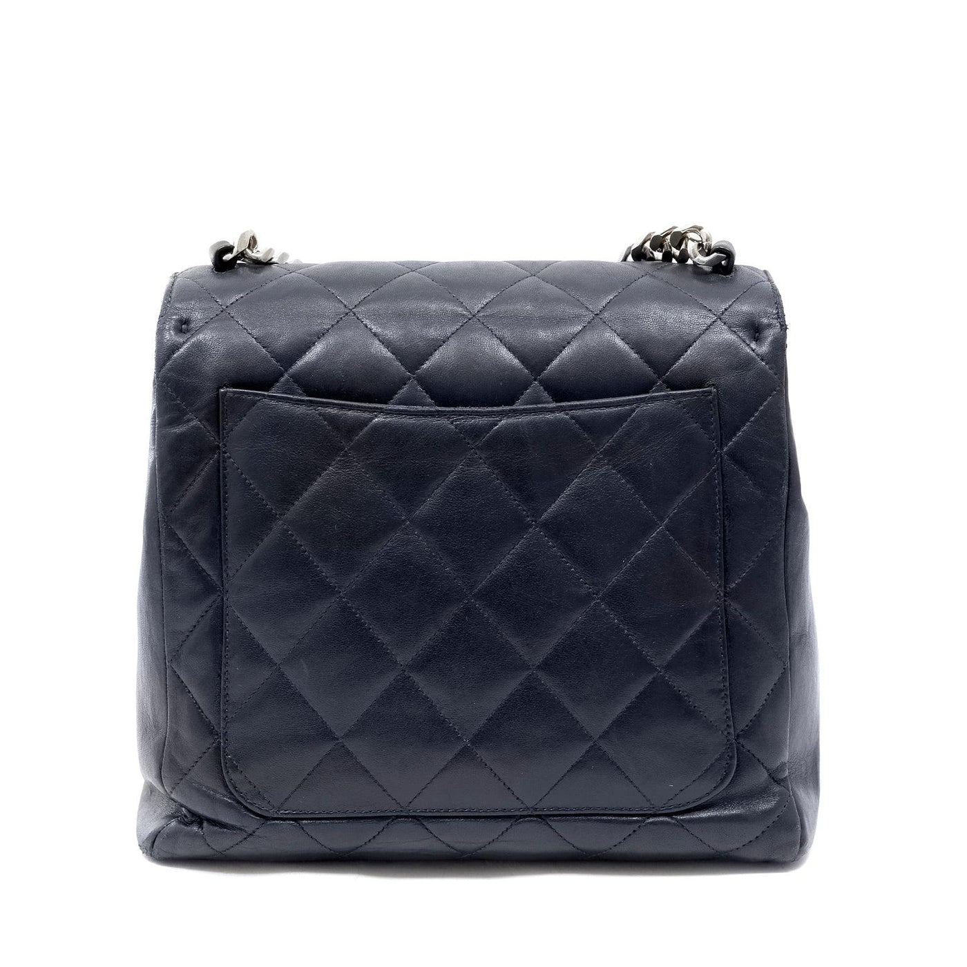 Chanel Navy Blue Top Handle Flap Quilted Bag w/ Silver Bracelet Handle - Only Authentics