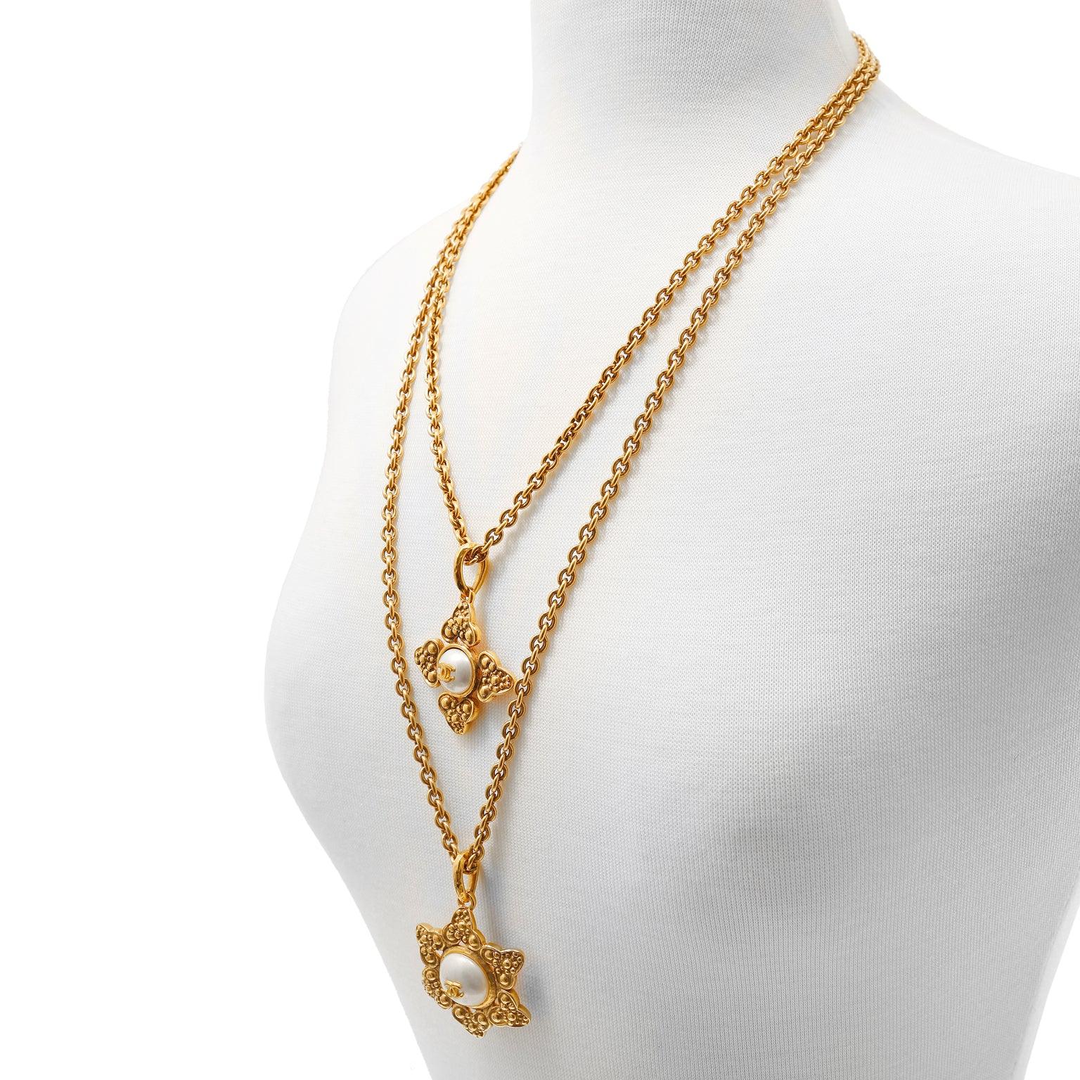 Chanel Double Chain Necklace with Pearl Medallions - Only Authentics