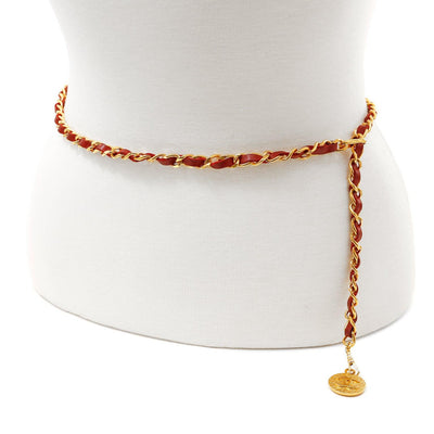 Chanel Red Leather and Chain Medallion Belt Necklace - Only Authentics