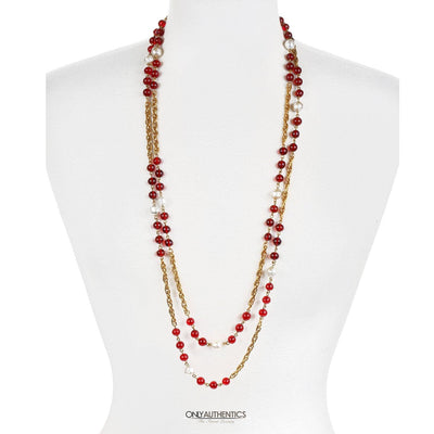 Chanel Red Gripoix and Pearl Long Necklace - Only Authentics