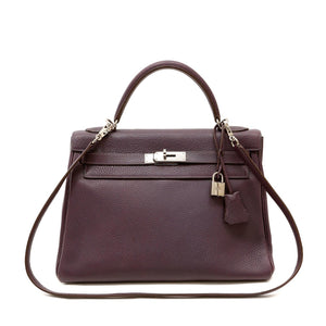 Hermès 32cm Raisin Clemence Kelly Bag with Palladium - Only Authentics