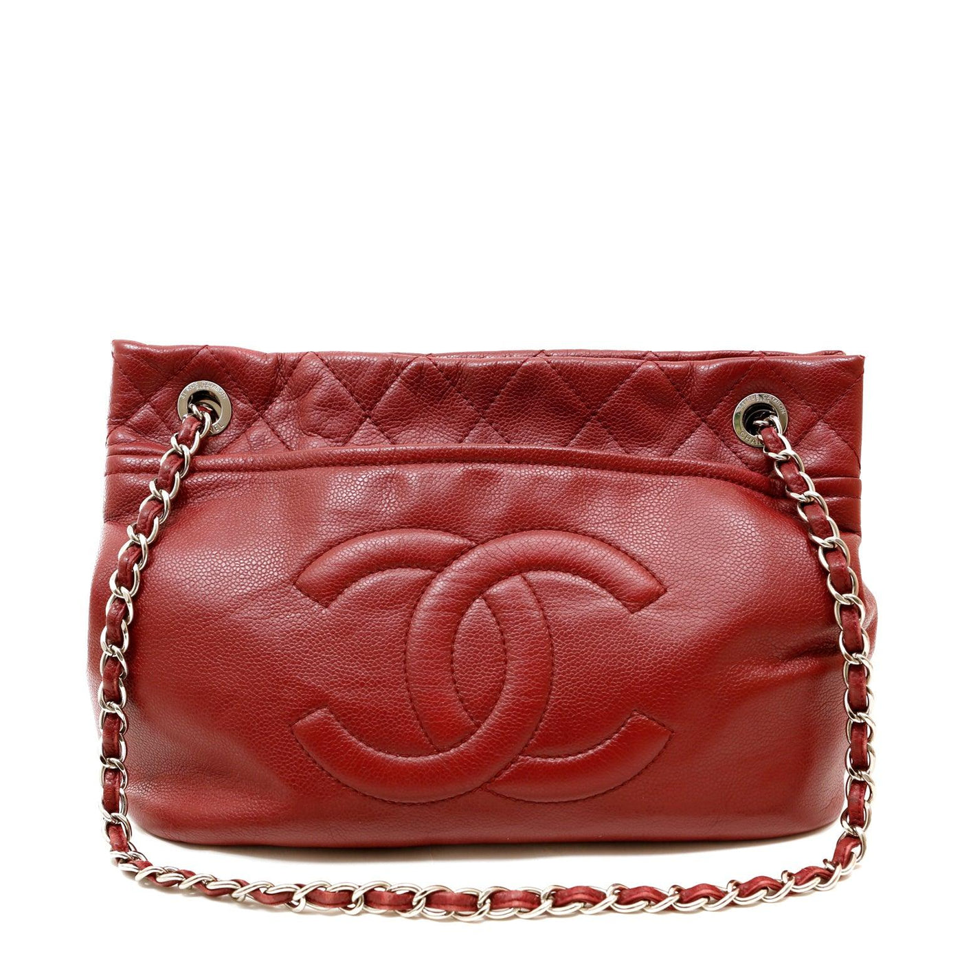 Chanel Red Caviar Leather Tote w/ Silver Hardware - Only Authentics