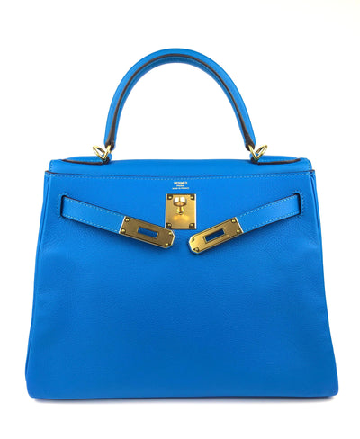 Hermès 28cm Intense Blue Evercolor Kelly with Gold Hardware - Only Authentics