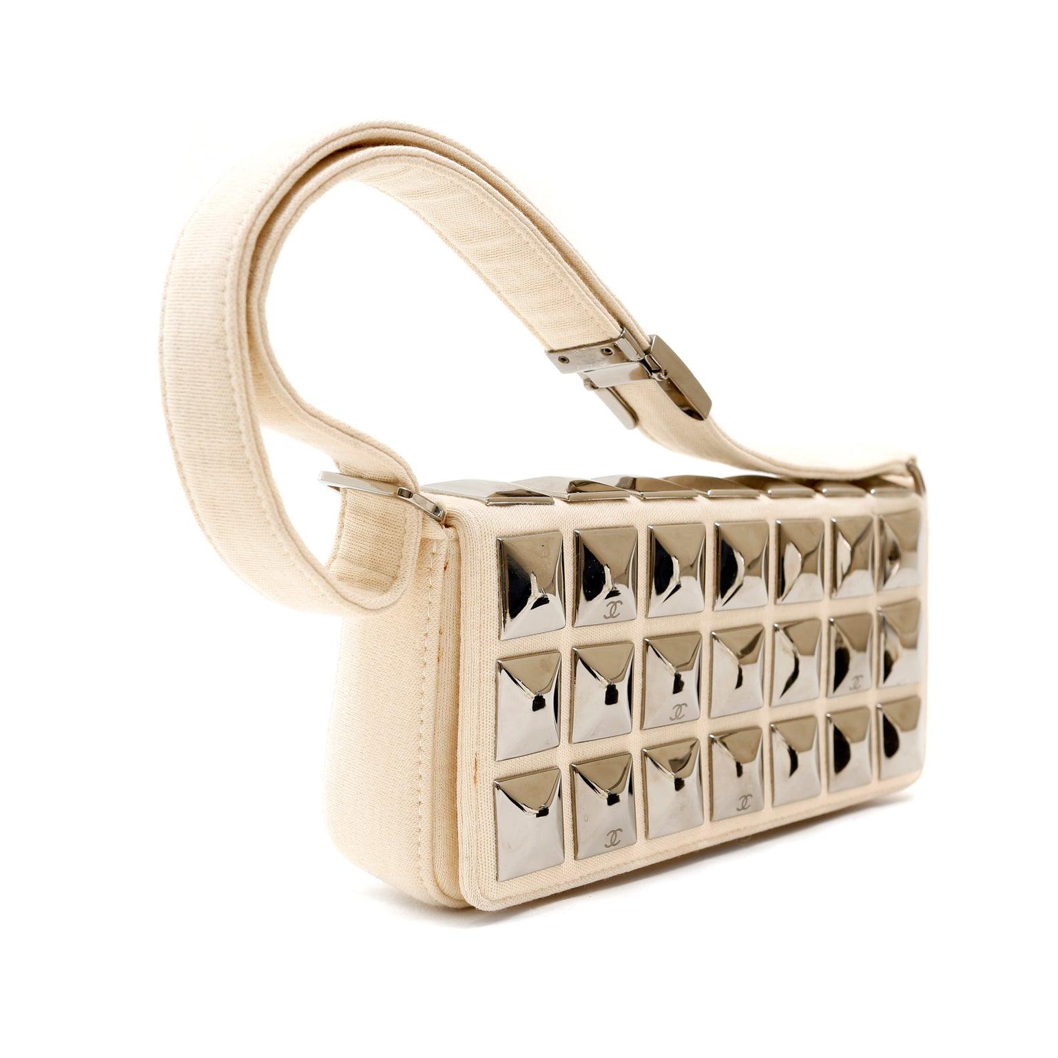 Chanel Ivory Jersey Evening Bag with Mirrored Pyramid Studs – Only
